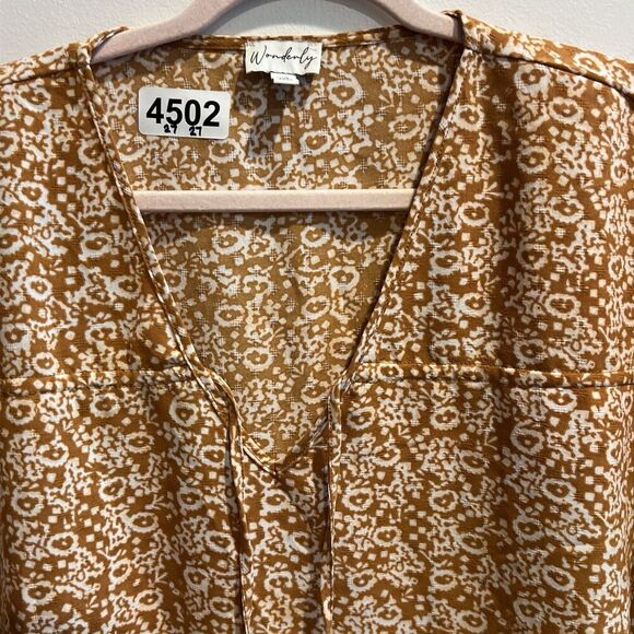 Wonderly Orange Geometric Top XXL Short Sleeve Blouse V Neck Boho Peasant Tie - Picture 4 of 9